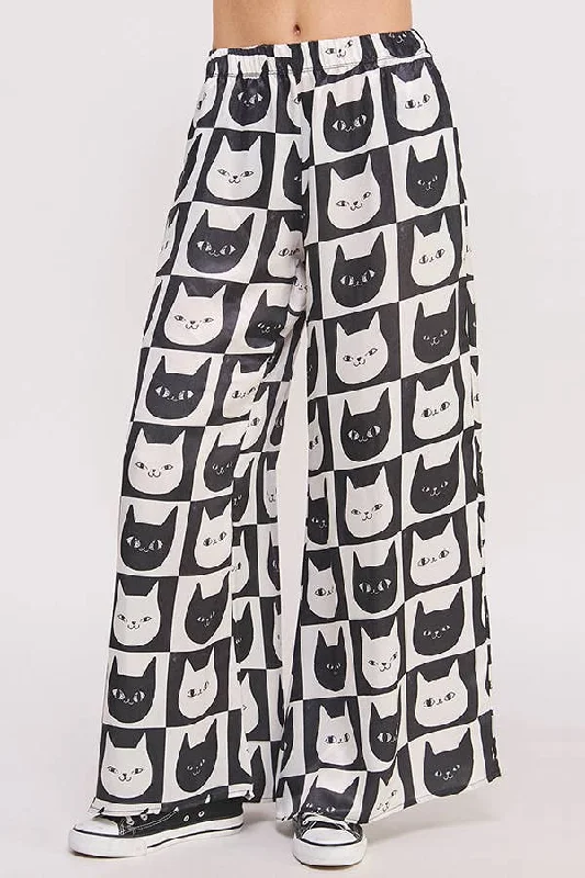 Cat Face Satin Pants Casual Skinny Fit Pants