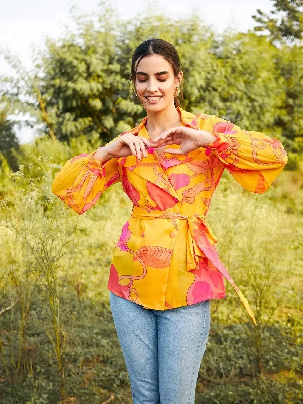 Double breasted Sheer blouse in Yellow Print Peter Pan Blouse