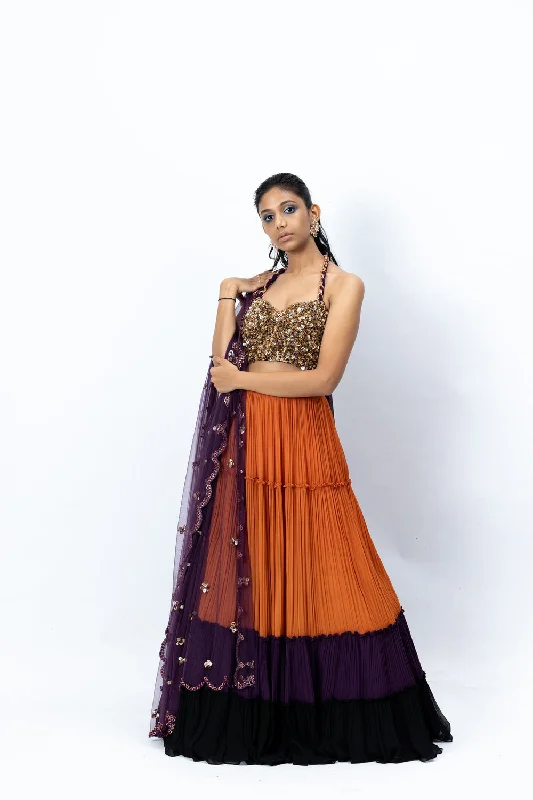 Colour Block Lehenga with Embroidered Blouse and Dupatta Stretchy Fitted Blouse