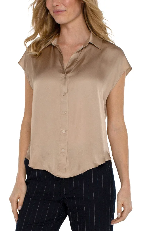 Liverpool Sleeve Collared Button Front Woven Blouse (Champagne) Pleated Collar Blouse Liverpool Sleeve Collared Button Front Woven Blouse (Champagne) Pleated Collar Blouse