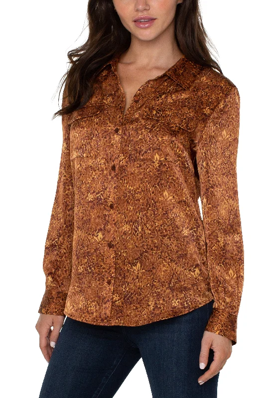 Liverpool Flap Pocket Button Front Woven Blouse (Autumn Safari) Classic Striped Blouse