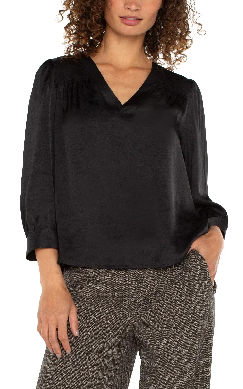 Liverpool Long Sleeve Pleated Neck Woven Blouse (Black) Floral Chiffon Blouse