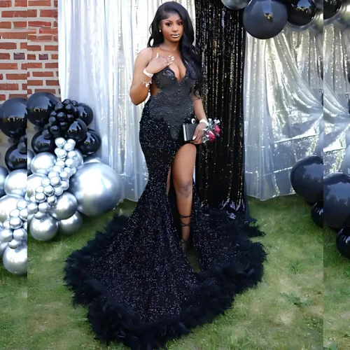 2025 Sheer Neck Luxury Black Sequin Mermaid Prom Dress With Slit