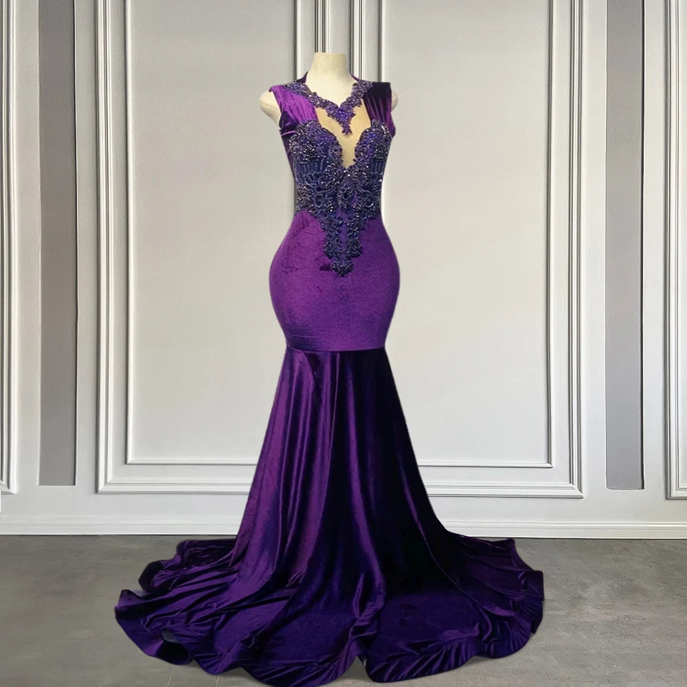 Charming Purple Velvet Mermaid Prom Dress with Embroidery
