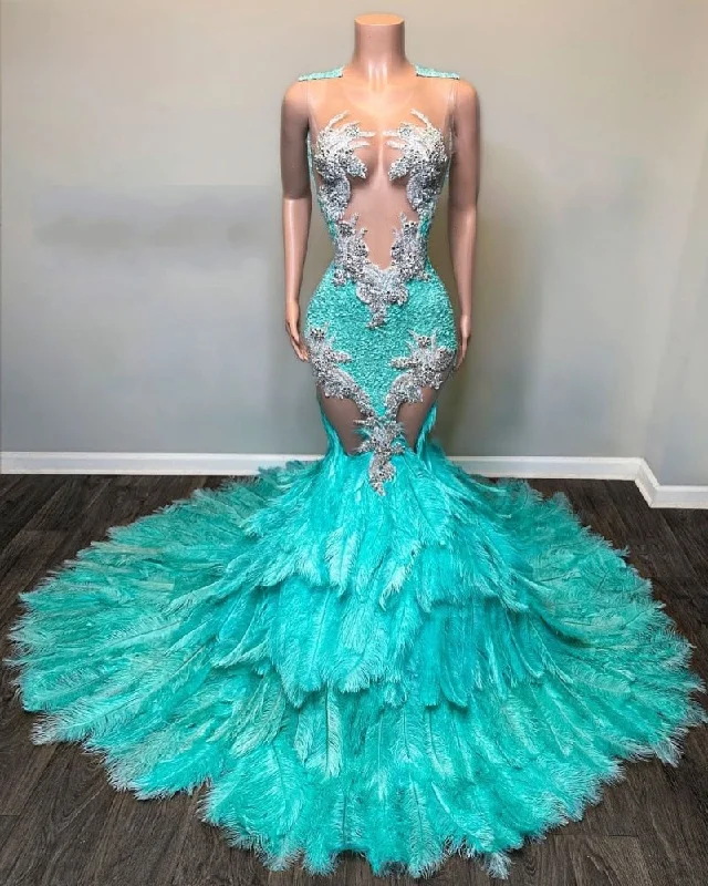 Sheer Neck Sparkly Beading Luxury Feathers Prom Dress