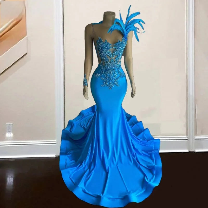 One-Shoulder Sky Blue Feathered Mermaid Prom Dress