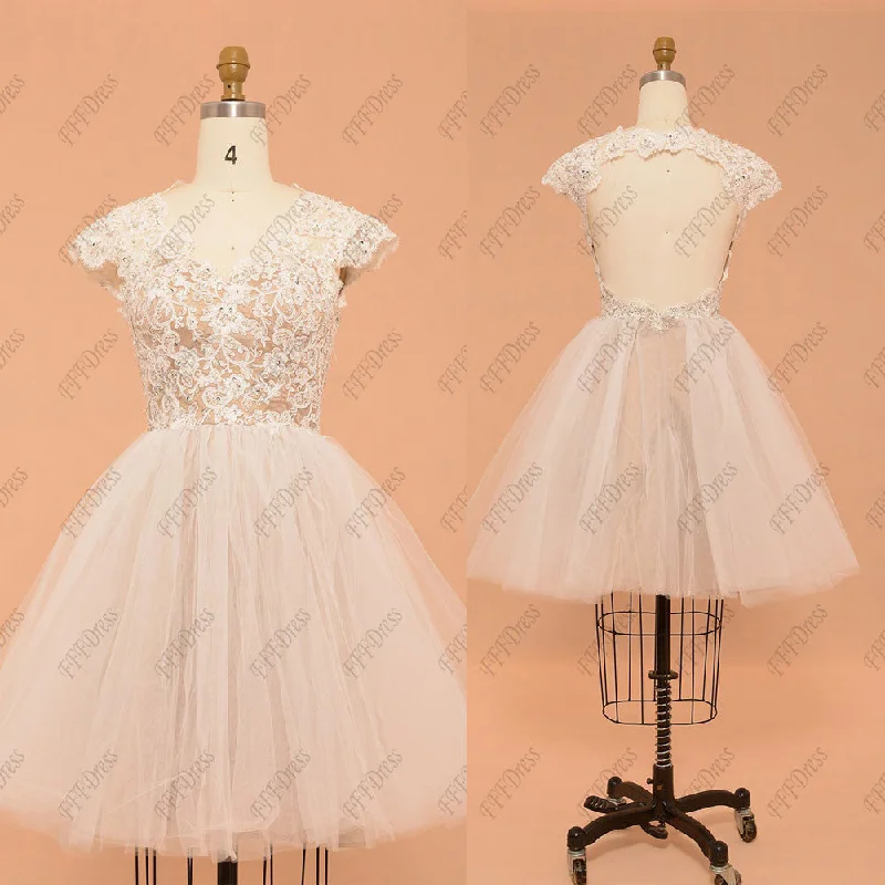 White Champagne Sparkly sequins Backless Short Prom Dress