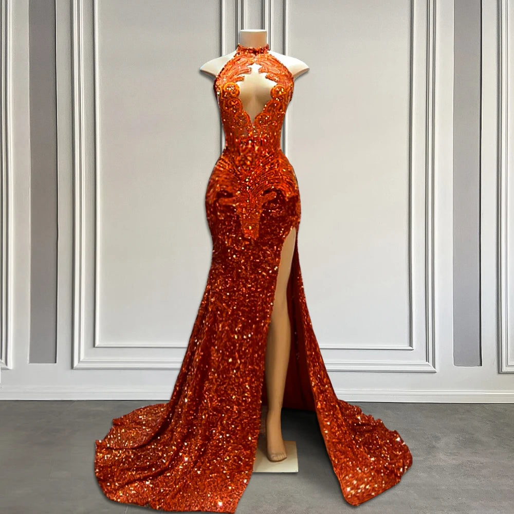 Sexy Orange Sequin Prom Dress with High Split & Rhinestones