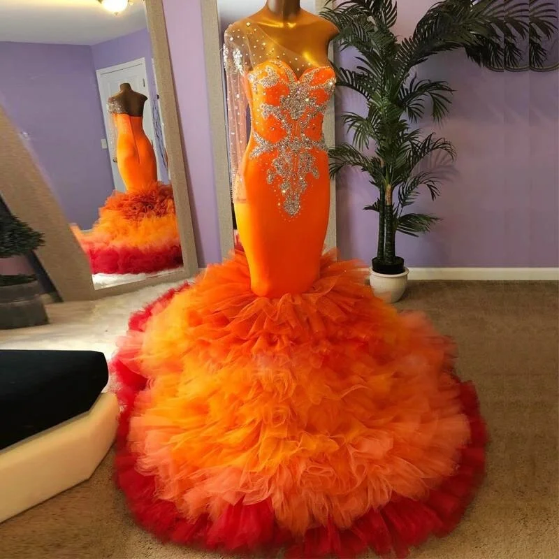 Orange One Shoulder Ruffles Tiered Bottom Prom Dress