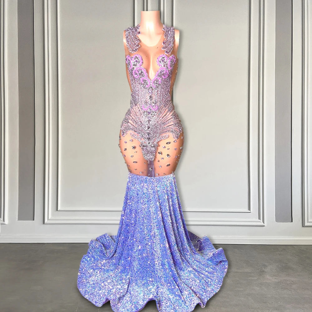 Luxury Lilac Crystal Mermaid Prom Dress