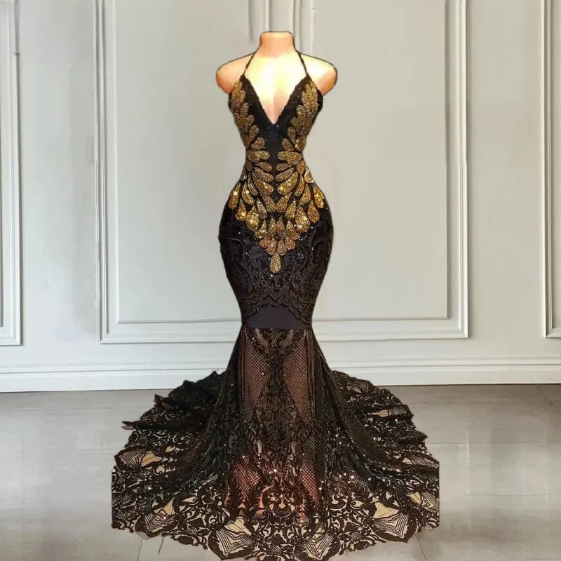 Sexy Black & Gold Rhinestone Backless Prom Dress