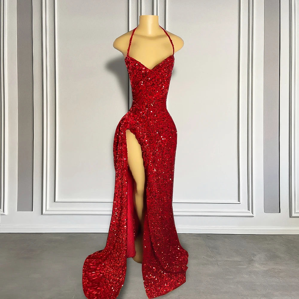 Red Sequined Halter Slit Prom Dress