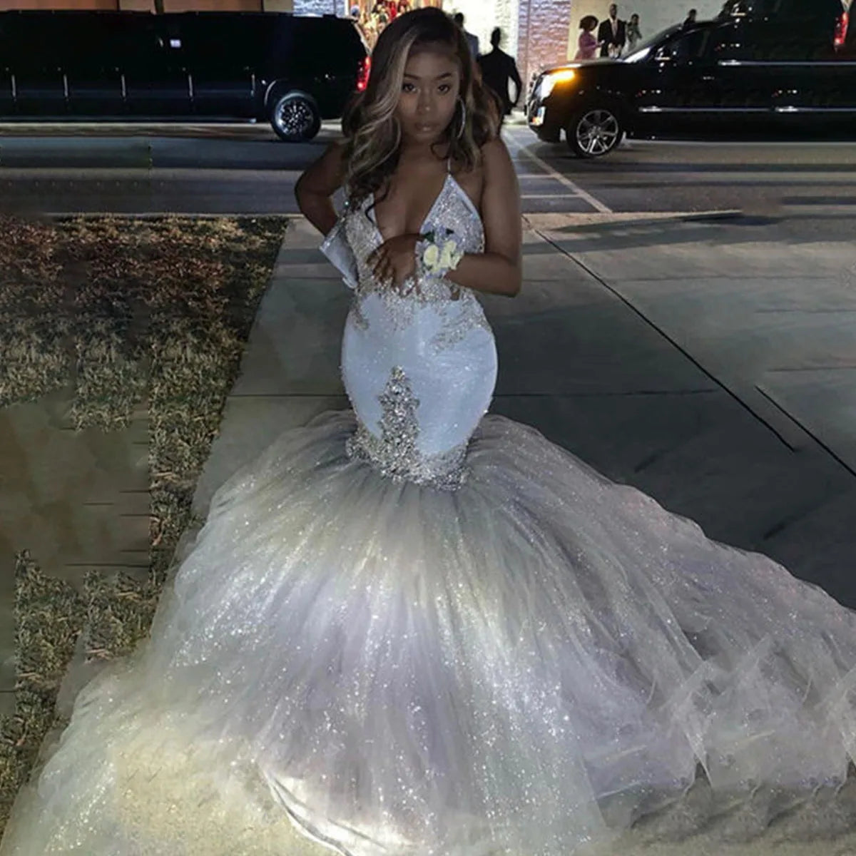 Sparkly Mermaid Spaghetti Strap Crystal Brush Train Sleeveless Prom Dress