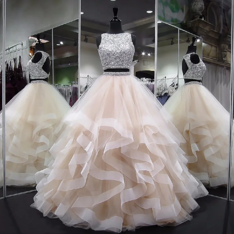 Elegant Backless Champagne Two-Piece Prom Dress