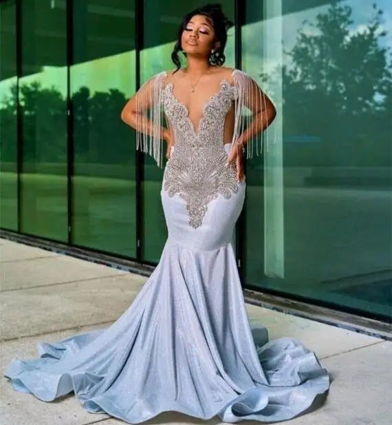 Sparkly Mermaid Sheer Sequins Beaded Prom Dress