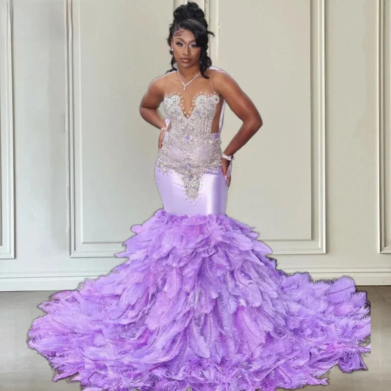 Icy Diamond Feather Purple Mermaid Prom Dress