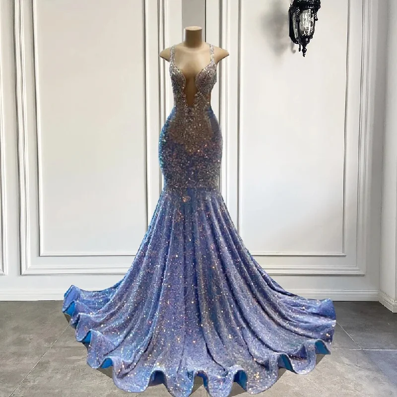 Sparkly Crystals Luxury Light Blue Velvet Sequined Long Prom Dress