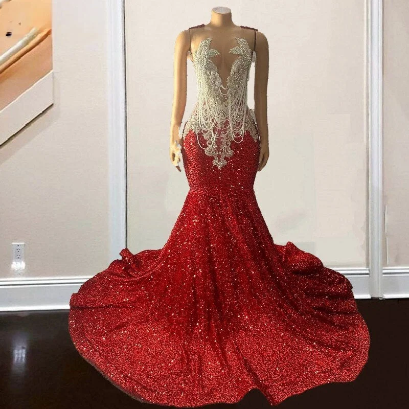Luxury Red Backless Sparkly Sequin Prom Dresses