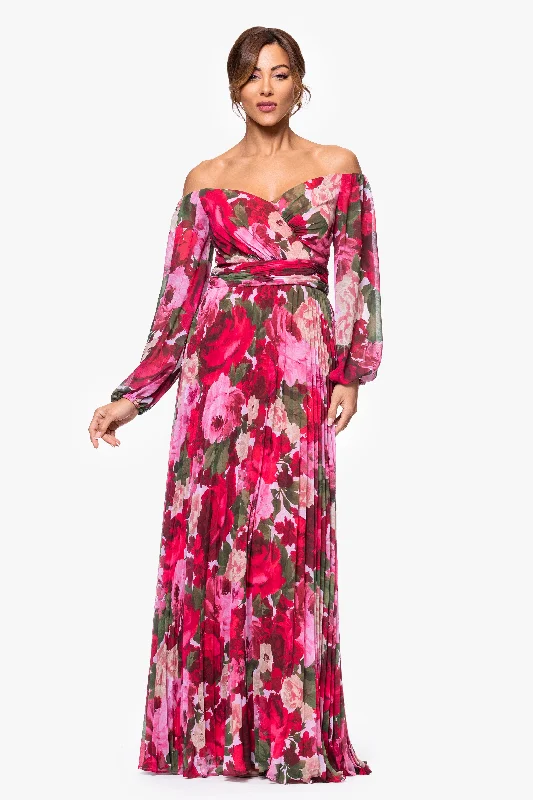 Petite "Kaylin" Print Chiffon Off the Shoulder Floor Length Dress
