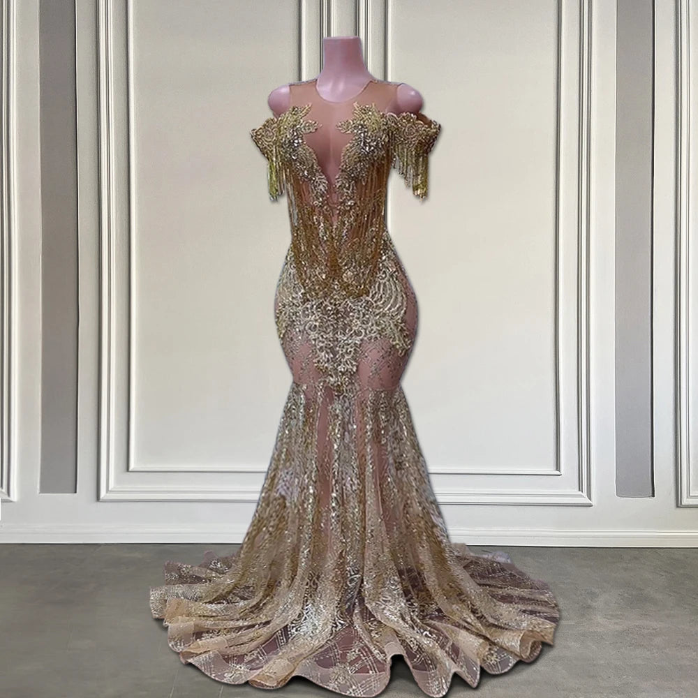 Gold Glitter Lace Diamond Crystal Rhinestone See-Through Mermaid Prom Dress