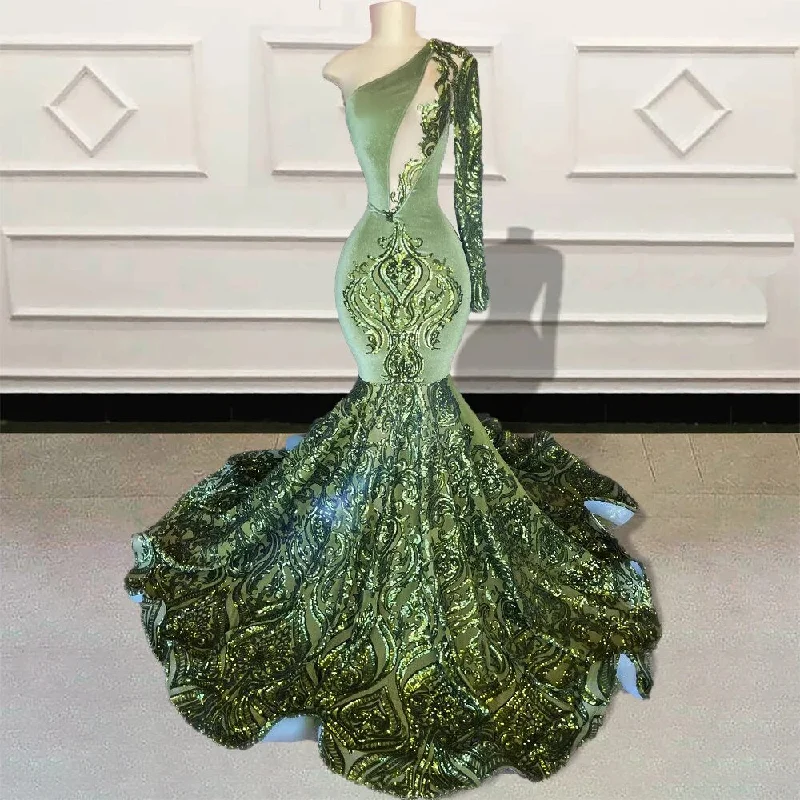 Single Sleeve Sparkly Sequined Mermaid Long Prom Dress