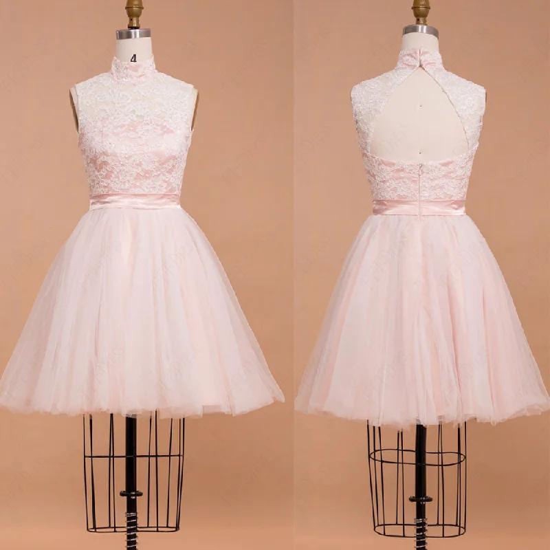 High neck white homecoming dresses short prom dresses
