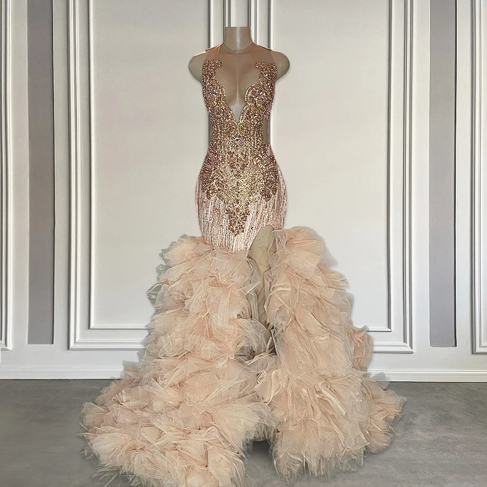 Sexy Champagne High Slit Prom Dress with Rhinestones & Ruffles