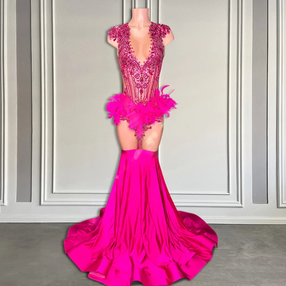 Long Fuchsia Feather Rhinestone Mermaid Prom Dress with Crystal Beads 2025