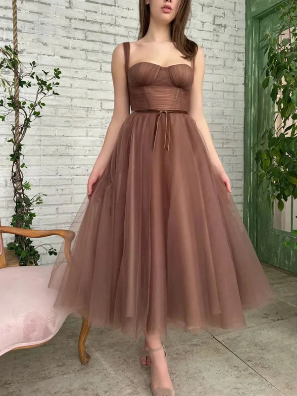 Tea Length Brown Tulle Prom Homecoming Dresses, Brown Formal Graduation Evening Dresses
