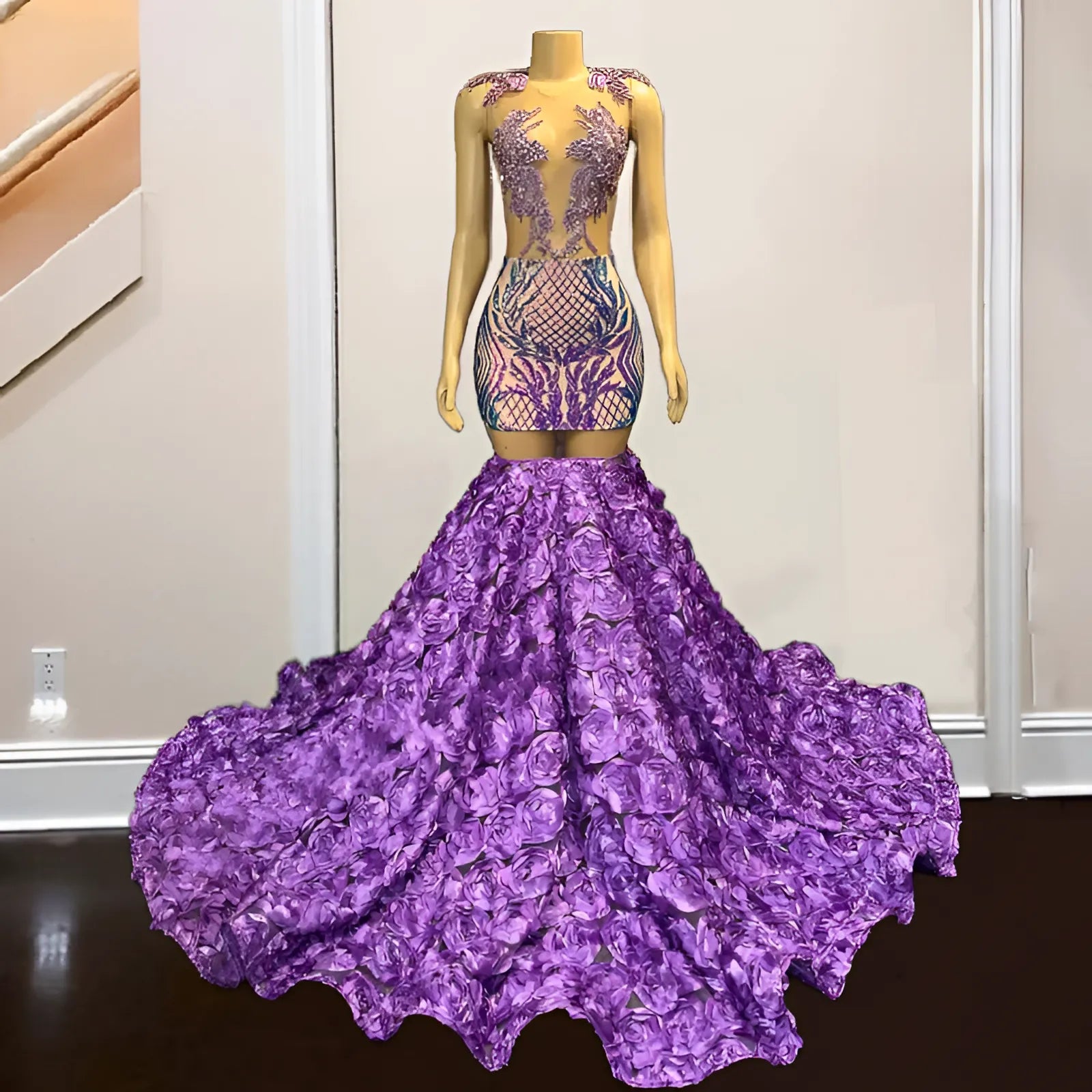 Lavender Crystal Rhinestone Mermaid Prom Dress