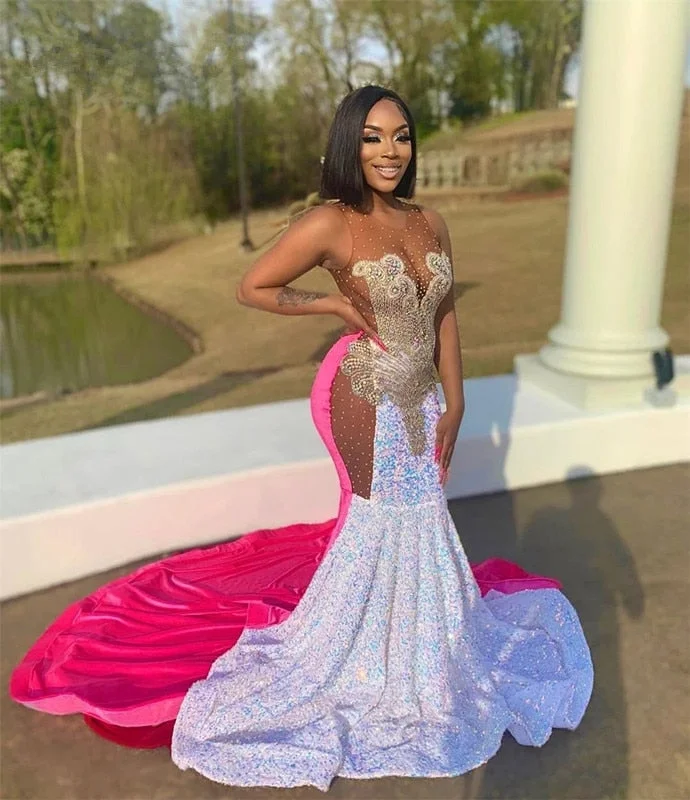 Sparkly Mermaid Sheer Neck Sequins Bead Rhinestone Prom Dress