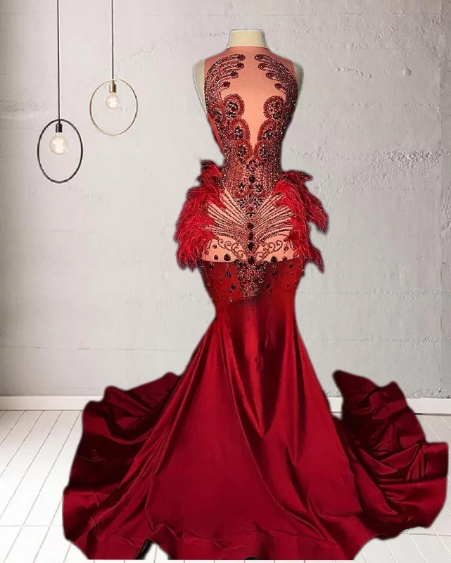 Rhinestone Red Long Prom Dress With Feathers and Handmade Beads