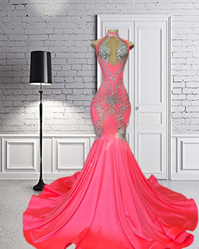 Silver Crystal Beading Halter Mermaid Satin Prom Dress