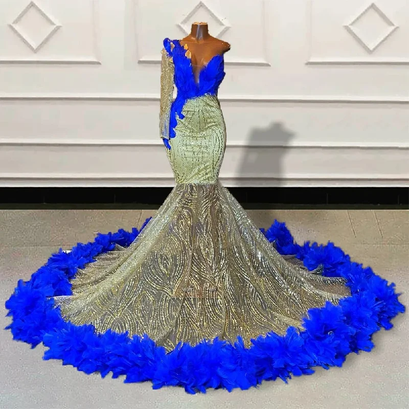 Sparkly Sequin Feathers Mermaid Long Prom Dress