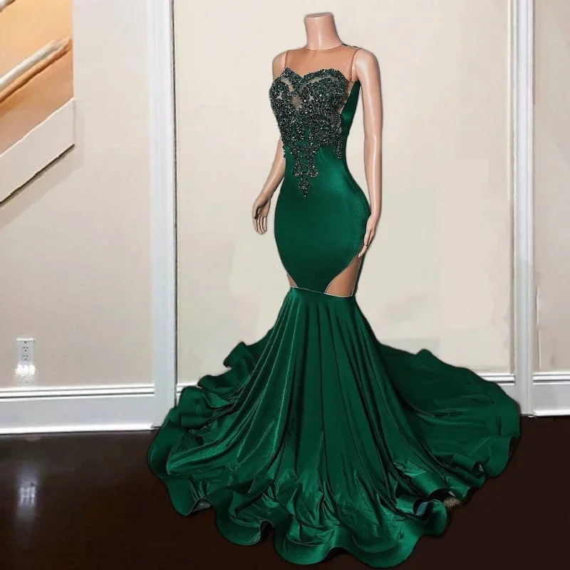 Elegant Green Sheer Neck Rhinestone Mermaid Prom Dress