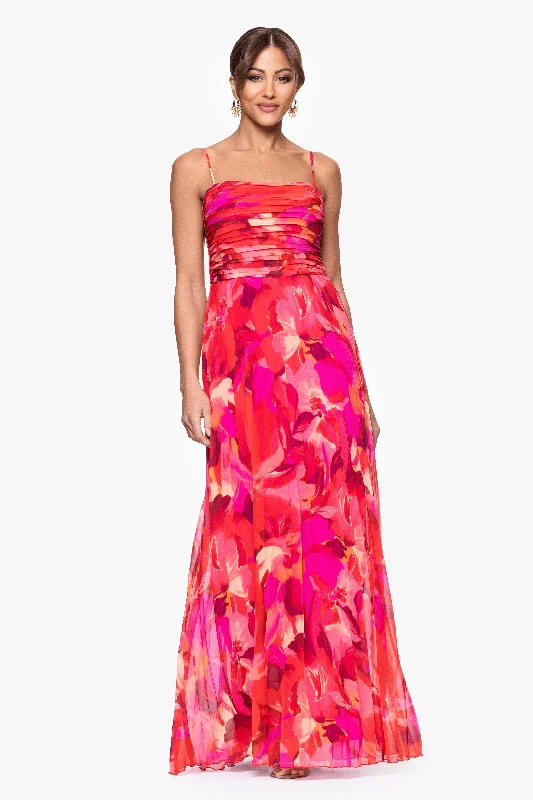 "Stephanie" Print Chiffon Spaghetti Strap Pleated Floor Length Dress