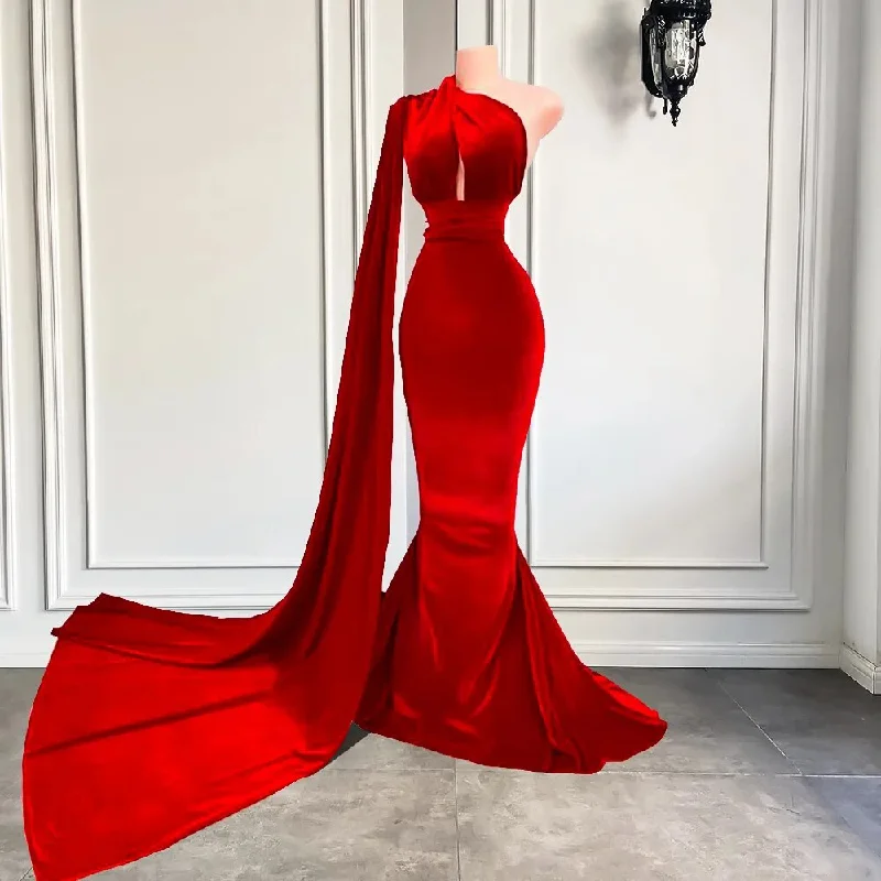 One Shoulder Sexy Red Velvet Long Prom Dress