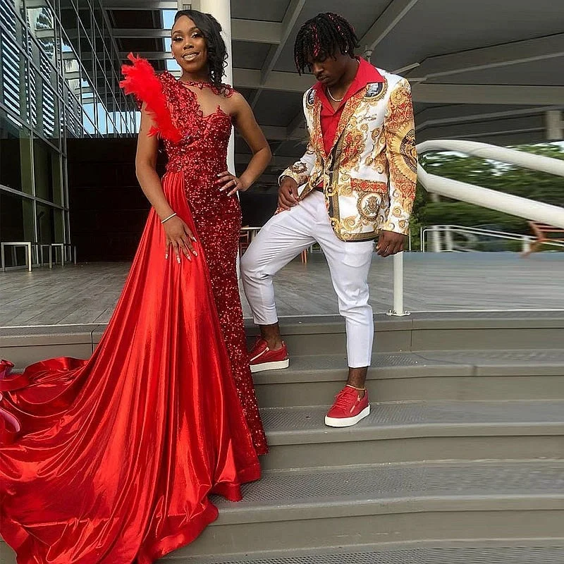 Sheer O Neck Feathers Sequined Red Mermaid Prom Dress With Side Train