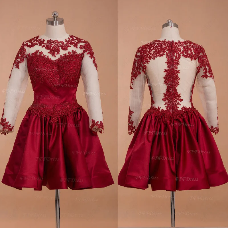 Burgundy Backless Short Prom Dresses Long Sleeves Homecoming Dresses