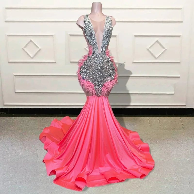 Luxury Stunning Beaded Diamond Mermaid Pink Long Prom Dress