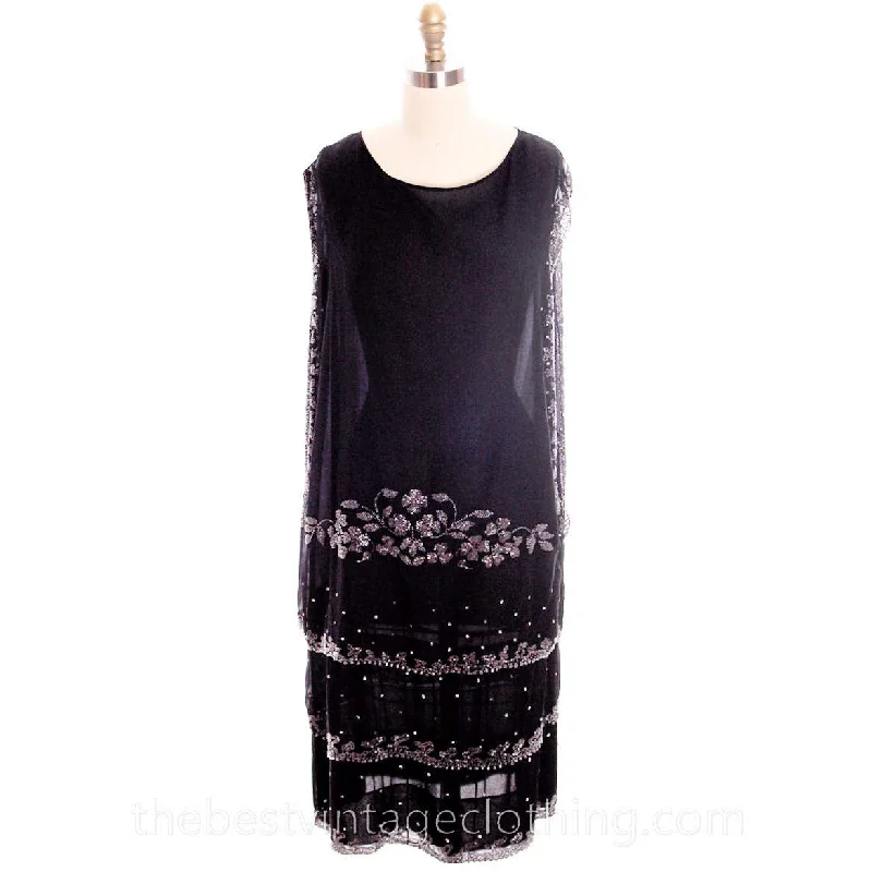 Stunning Antique 1920s Flapper Dress Beaded Black Chiffon Rhinestones Art Deco Near Mint 42 Bust