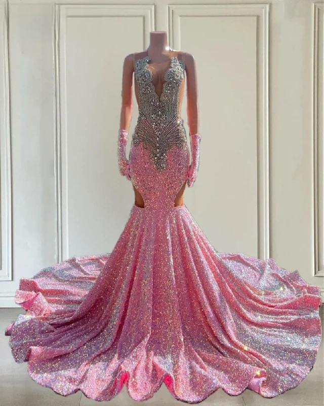 Sparkly Luxury Crystals Diamond Pink Prom Dress