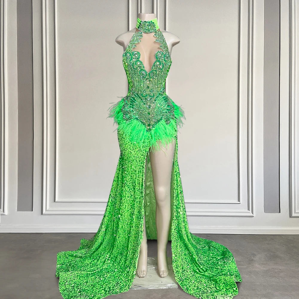 Sparkly Green Rhinestone Sequin Feather Thigh-Slit Luxury Prom Dress 2025