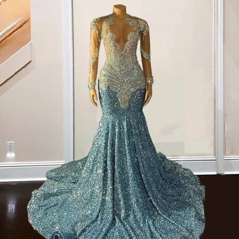 Light Blue Sequin  Rhinestone Mermaid Prom Dress