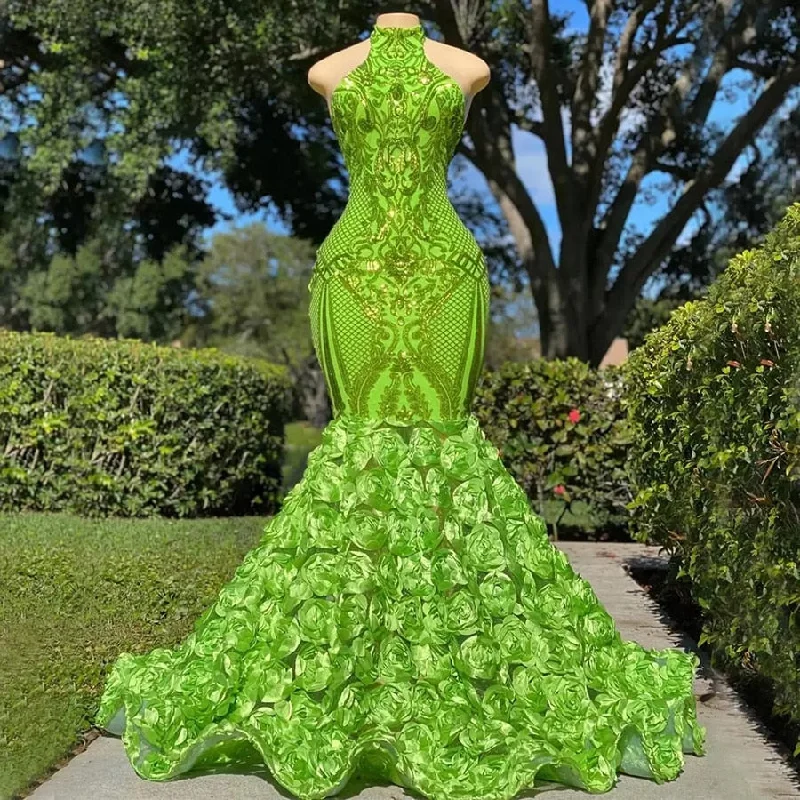 Sparkly Green Lace High Neck Sleeveless Rose Flower Prom Dress