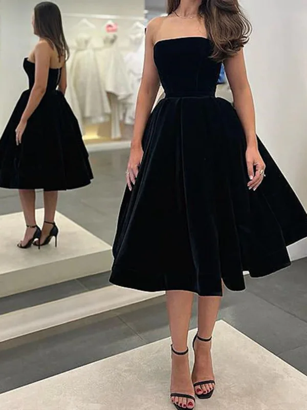 Strapless Tea Length Black Velvet Prom Dresses, Black Velvet Homecoming Dresses, Black Formal Evening Dresses Strapless Tea Length Black Velvet Prom Dresses, Black Velvet Homecoming Dresses, Black Formal Evening Dresses