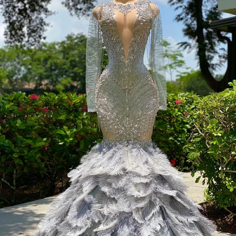 Full Bodice Rhinestone Prom Dress V-Cut Neckline Open Back with Feather Train