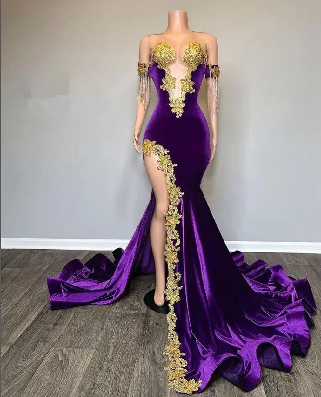 Grape Purple Velvet Mermaid High Slit Prom Dress