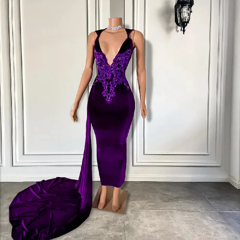 V-neck Sleeveless Sparkly Beaded Embroidery Purple Prom Dress w/ Side Train