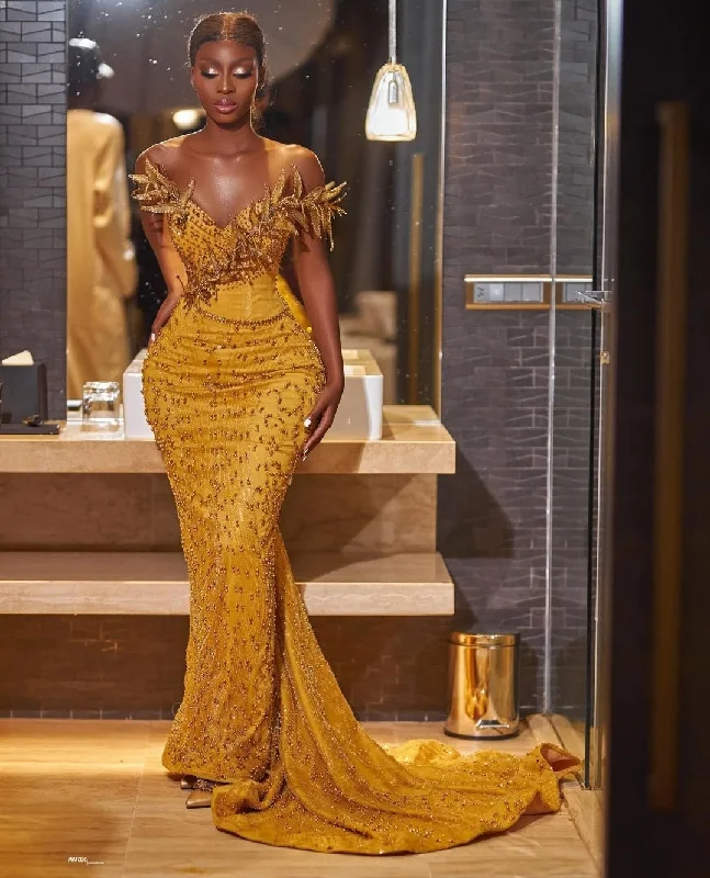 Luxury Beaded Sleeveless  Long Prom Dress  w/ Sweep Train
